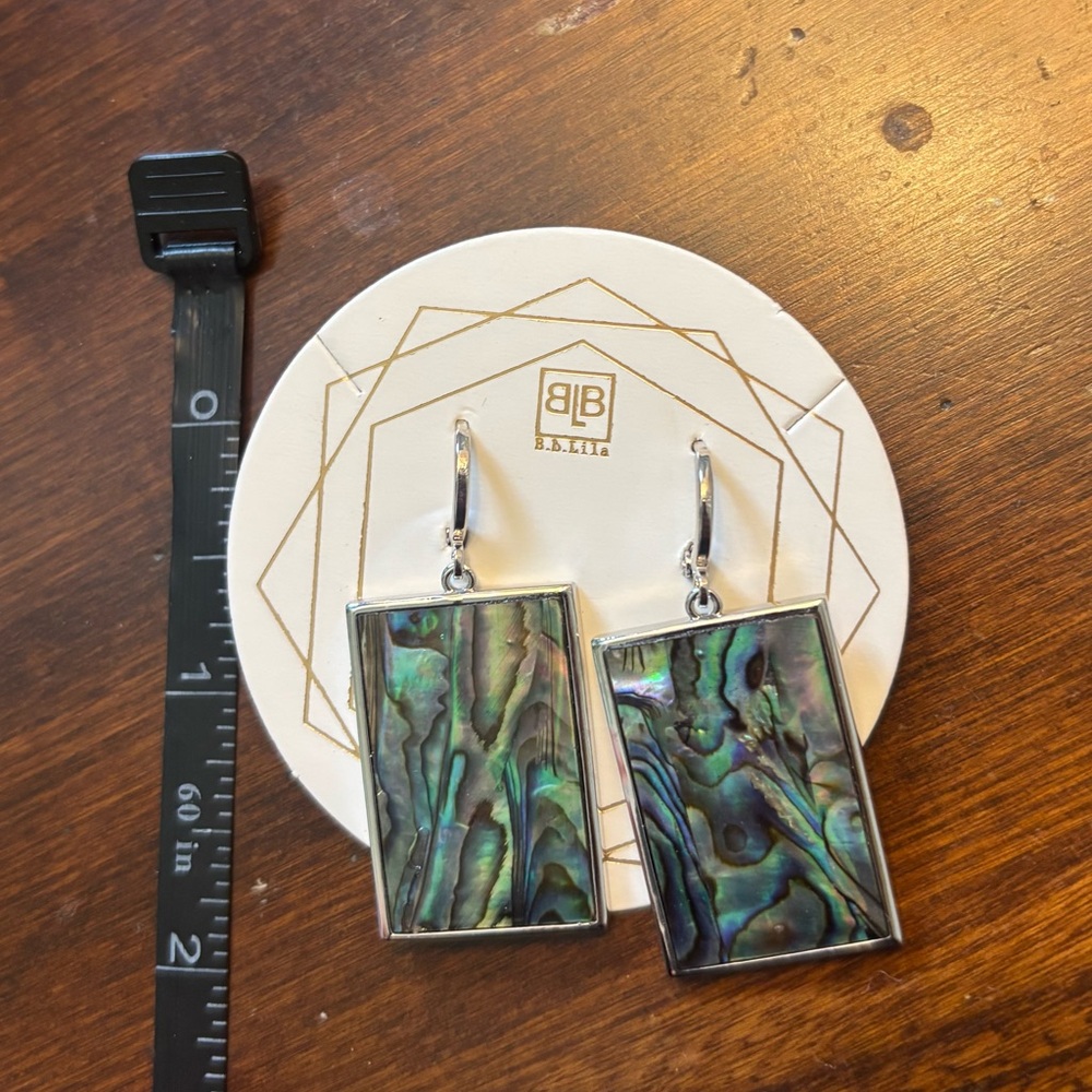 Iridescent Abalone Rectangle Drop Earrings with Huggie Clasp. NEW! - Picture 2 of 5